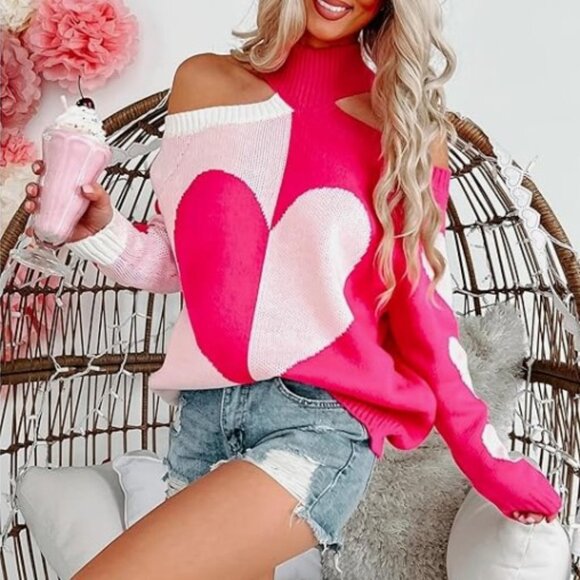 Sweaters - Romantic Heart Off Shoulder Pullover Oversized Knitted Sweater